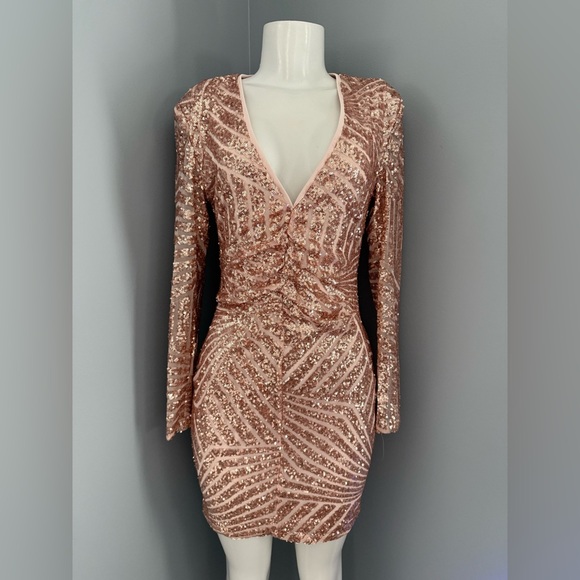 fitted lace wedding dress Rose Gold Sequin Plunge Sheer Sleeve Mini Dress main image 0